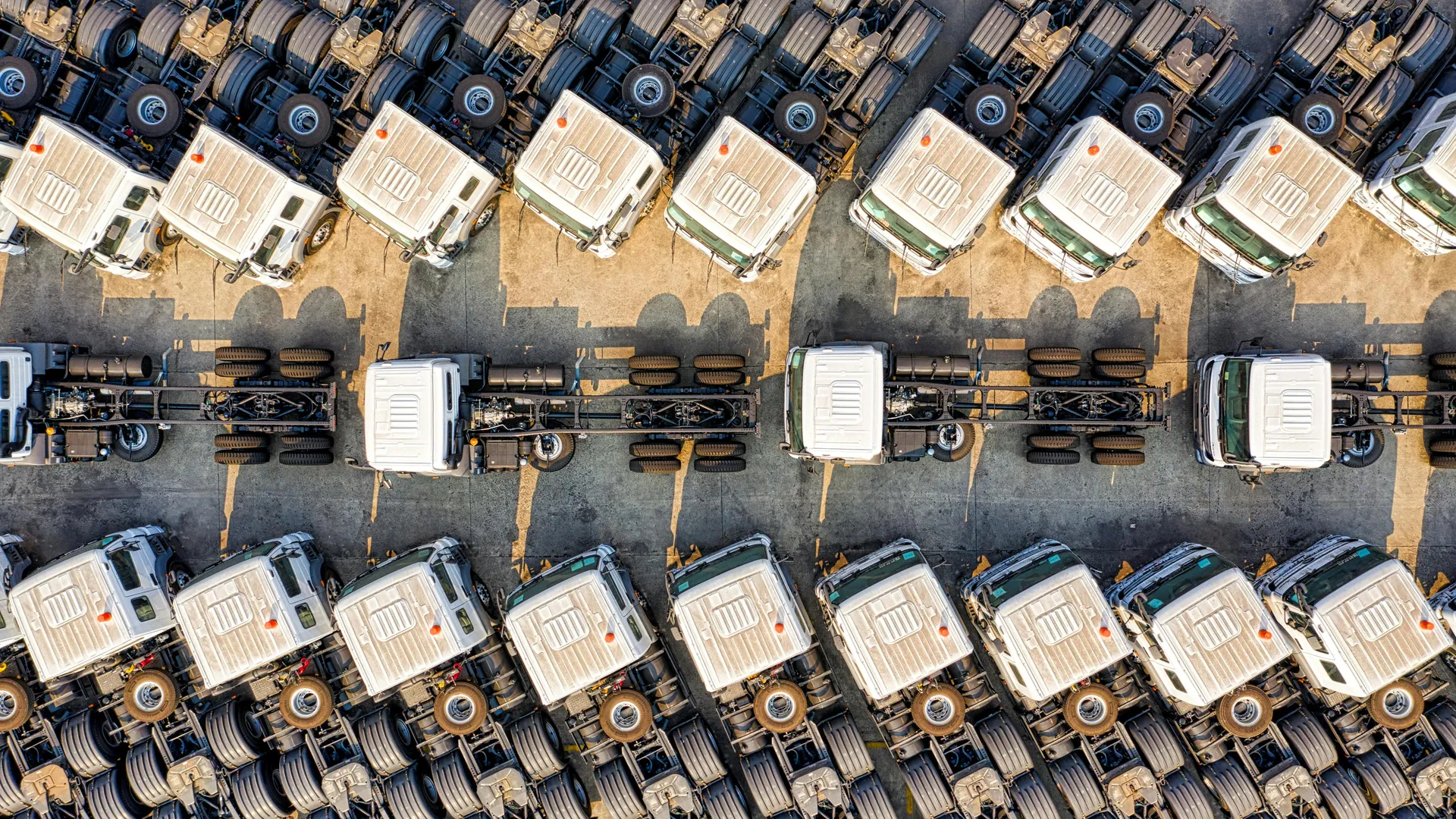 Rij geparkeerde vrachtwagens van het wagenpark